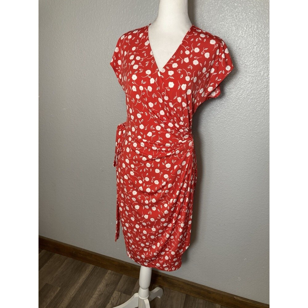 Maggy London Wrap Dress Red Floral Ruched Cap Sleeve Size 10 - Picture 2 of 9